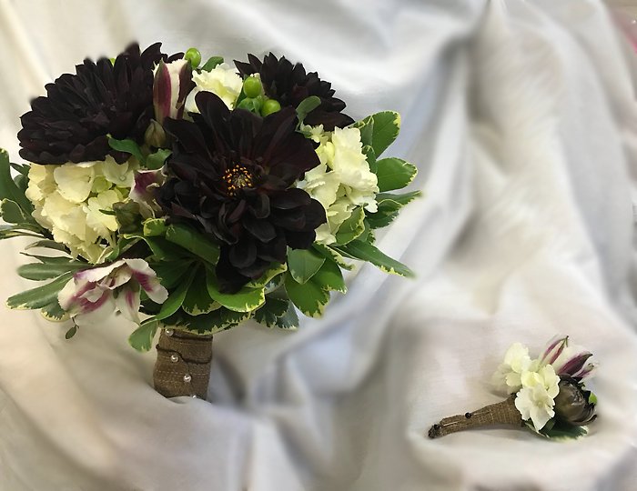 Burgandy, White & Burlap Bouquet