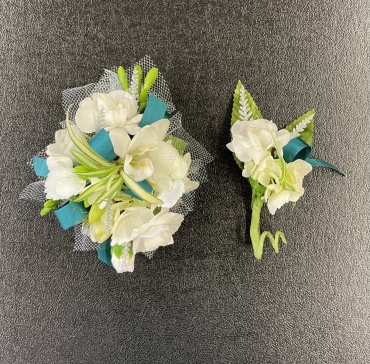 White and Teal Corsage