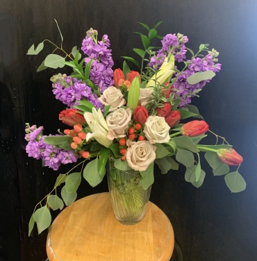 Purple, red & creamy white vase arrangement