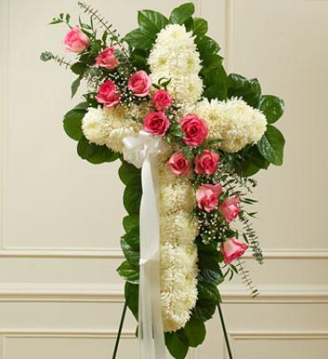 White Cross with Pink Roses